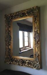 Chunky Wood Large Heavy Antique Gold Leaf Statement French Ornate Over Mantle Beveled Wall Mirror 4 Ft X 3Ft - thumbnail 2