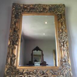 Chunky Wood Large Heavy Antique Gold Leaf Statement French Ornate Over Mantle Beveled Wall Mirror 4 Ft X 3Ft - thumbnail 3