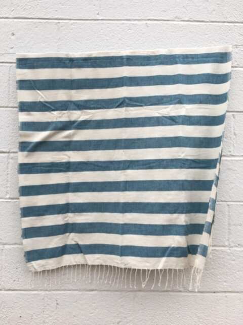 Handwoven Teal & White Striped Cotton Bath/Beach Towel From Ethiopia - image 1