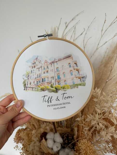 Personalised Watercolour Wedding Venue Painting Embroidery Hoop - Cotton Gift Second Anniversary Christmas Presents For Couple Ideas - image 1