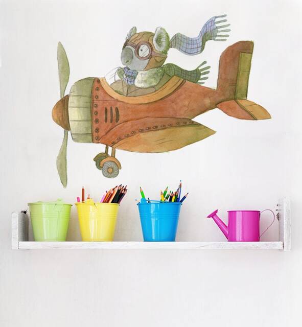 Koala Flying Plane Wall Sticker Decal - Kids Stickers, Animals Childrens Decals, Art, Room, Girl, Boy