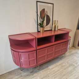 Mid Century Nathan Teak Sideboard - Curved Red Dining Room Cabinet, Gold Hairpin Legs - thumbnail 2