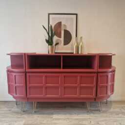 Mid Century Nathan Teak Sideboard - Curved Red Dining Room Cabinet, Gold Hairpin Legs - thumbnail 3