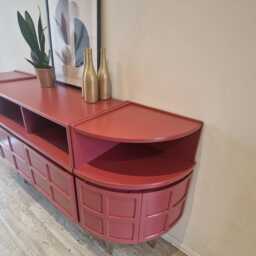 Mid Century Nathan Teak Sideboard - Curved Red Dining Room Cabinet, Gold Hairpin Legs - thumbnail 4