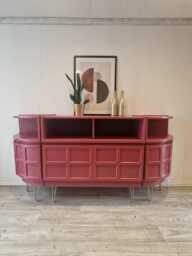 Mid Century Nathan Teak Sideboard - Curved Red Dining Room Cabinet, Gold Hairpin Legs - thumbnail 1