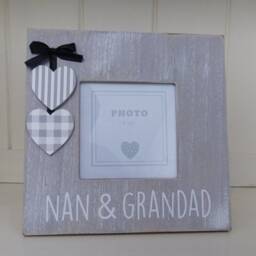 Nan & Grandad Photo Frame Grandparents Picture Square Grey White With Hanging Hearts Shabby Chic Wall Free Standing Gift - thumbnail 2