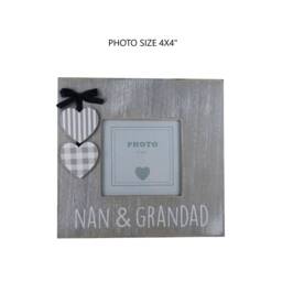 Nan & Grandad Photo Frame Grandparents Picture Square Grey White With Hanging Hearts Shabby Chic Wall Free Standing Gift - thumbnail 1