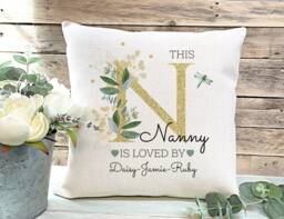 Personalised Nanny Cushion, Gold Lettering Floral Design, Gift From Grandchildren
