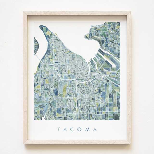 Pnw Tacoma Map Watercolor Print Washington City Block Plan - Art Print Moving Realtor Wedding Gift Pacific Northwest Puget Sound Blue Green - image 1