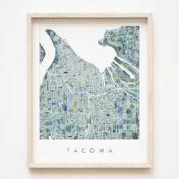 Pnw Tacoma Map Watercolor Print Washington City Block Plan - Art Print Moving Realtor Wedding Gift Pacific Northwest Puget Sound Blue Green - thumbnail 1