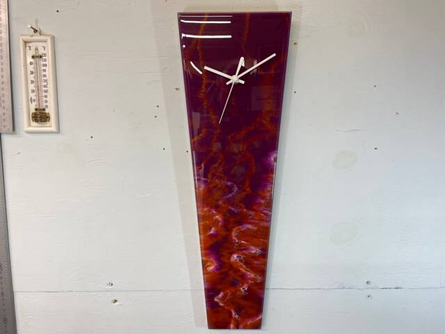 Narrow Dark Purple Plum & Copper Abstract Resin Wall Clock, Long Modern Unusual Home Decor - image 1