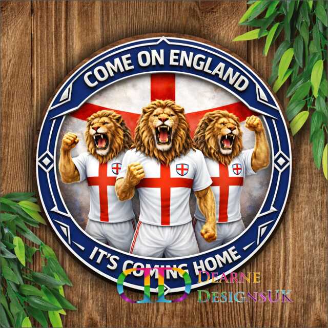 England 3 Lions Sign, Come On Wall Plaque, It's Coming Home Decor, Football Gift, St George Flag Fan Art, World Cup - image 1