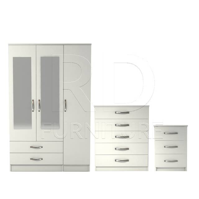 Bedroom Set, White Set, Wardrobe, Mirrored Chest Of Drawers & A Bedside Table. Ready Assembled - image 1