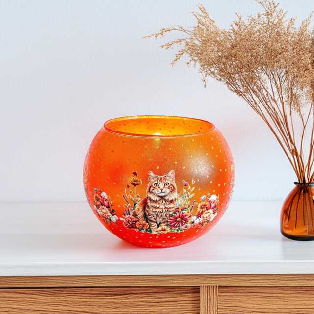 Hand-Painted Autumn Candle Holder Tabby Cat & Flowers Fall Decor - image 1