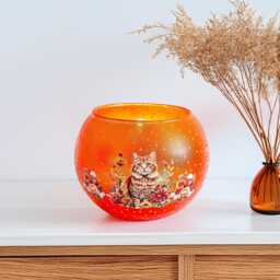 Hand-Painted Autumn Candle Holder Tabby Cat & Flowers Fall Decor - thumbnail 1