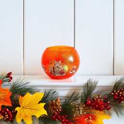 Hand-Painted Autumn Candle Holder Tabby Cat & Flowers Fall Decor - thumbnail 3