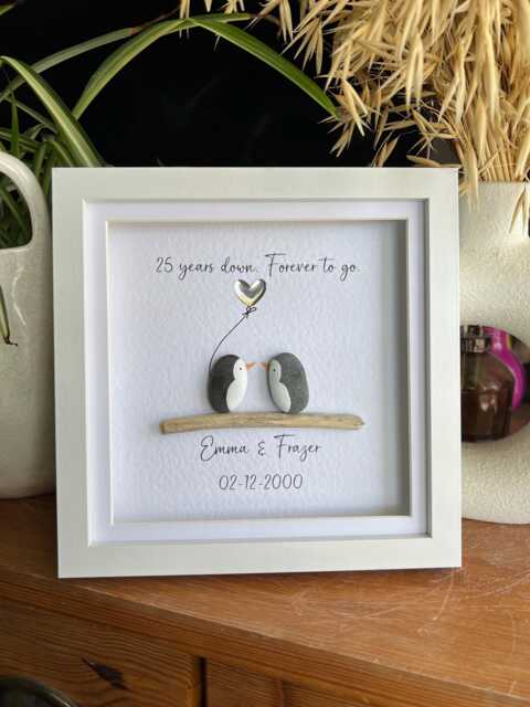 Personalised Penguin Anniversary Pebble Art. Gift For Couple Anniversary, Silver Gift, Art Framed Gift - image 1