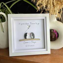Personalised Penguin Anniversary Pebble Art. Gift For Couple Anniversary, Silver Gift, Art Framed Gift - thumbnail 2