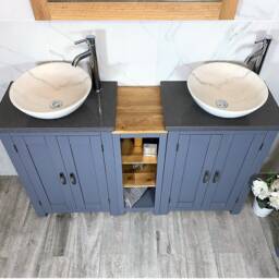 Hand Crafted Grey Painted Double Vanity Unit - Quartz Top, Stone Basins - thumbnail 2