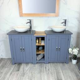 Hand Crafted Grey Painted Double Vanity Unit - Quartz Top, Stone Basins