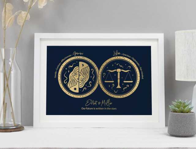 Personalised Couples Star Sign Foil Print - Zodiac Astrology Gift Wedding Anniversary, Engagement, Valentine's Va198 - image 1