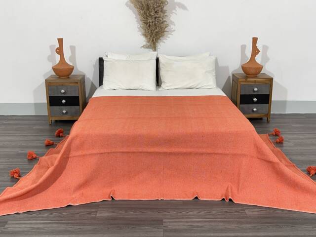 Orange Wool Moroccan Blanket - Handmade Cotton Pom Throw - image 1