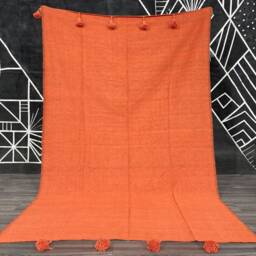 Orange Wool Moroccan Blanket - Handmade Cotton Pom Throw - thumbnail 2