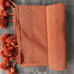 Orange Wool Moroccan Blanket - Handmade Cotton Pom Throw - thumbnail 3