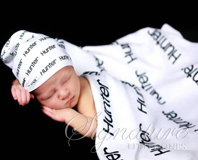 Personalized Baby Blanket, Hat, Name Swaddle Receiving Shower Gift, Birth Announcement Hat - image 1