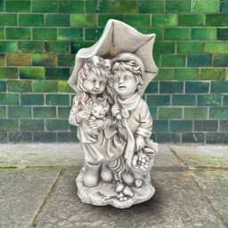 Boy & Girl Under Umbrella Statue Romantic Garden Sculpture Stone Boy Figure Outdoor Yard Decoration Handmade Cute Patio Ornament - thumbnail 1