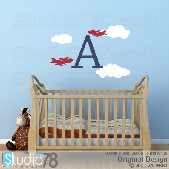 Airplane Nursery Wall Decals - Initial, Clouds, Aviation Decor - image 1