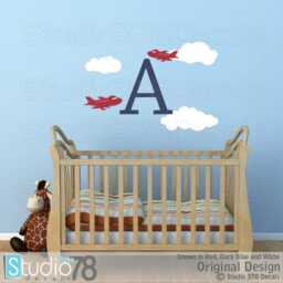 Airplane Nursery Wall Decals - Initial, Clouds, Aviation Decor - thumbnail 1