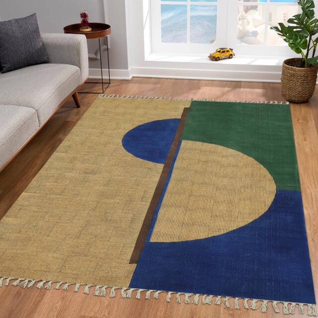 Hand Block Printed Cotton Rug Geometric Indian Kilim, 4x6 Ft - image 1