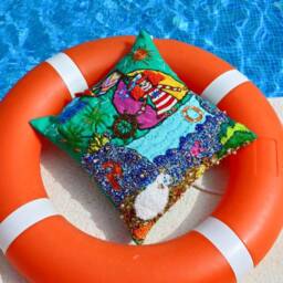 Hand Embroidered Linen Pillow Beaded Nautical Cushion Ooak Textile Art Coastal Decor Spain Artisan Made Unique Gift - thumbnail 4