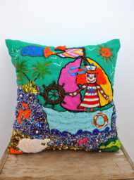 Hand Embroidered Linen Pillow Beaded Nautical Cushion Ooak Textile Art Coastal Decor Spain Artisan Made Unique Gift - thumbnail 1