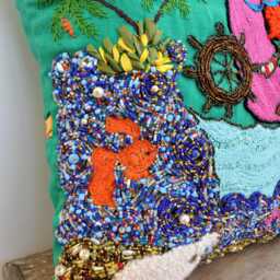 Hand Embroidered Linen Pillow Beaded Nautical Cushion Ooak Textile Art Coastal Decor Spain Artisan Made Unique Gift - thumbnail 2