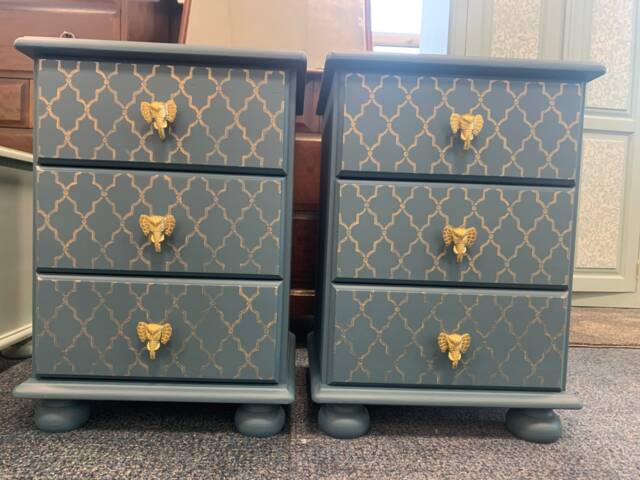 Pair Of Bedside Tables Painted Bespoke Moroccan Geometric Art Deco Gold Leaf Bee Elephant Handles Stencilled - image 1