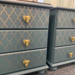 Pair Of Bedside Tables Painted Bespoke Moroccan Geometric Art Deco Gold Leaf Bee Elephant Handles Stencilled - thumbnail 2