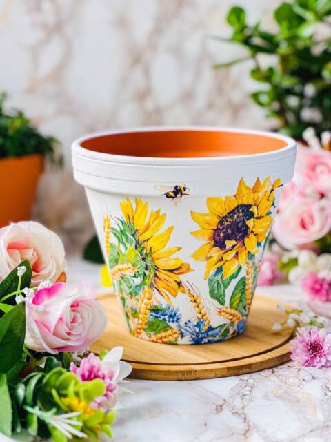Decoupaged Sunflower Plant Pot, Hand Painted Terracotta Clay Planter - image 1