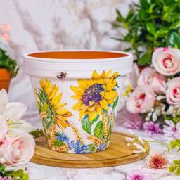 Decoupaged Sunflower Plant Pot, Hand Painted Terracotta Clay Planter - thumbnail 2
