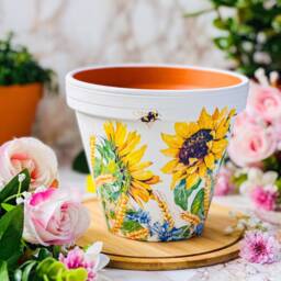 Decoupaged Sunflower Plant Pot, Hand Painted Terracotta Clay Planter - thumbnail 3