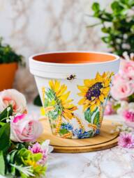 Decoupaged Sunflower Plant Pot, Hand Painted Terracotta Clay Planter - thumbnail 1