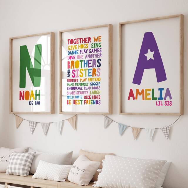 Set Of 3 Brother Sister Bedroom Prints, Playroom Decor, Sibling Rainbow Wall Art, Colourful Playroom, Personalised - image 1
