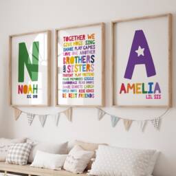Set Of 3 Brother Sister Bedroom Prints, Playroom Decor, Sibling Rainbow Wall Art, Colourful Playroom, Personalised - thumbnail 1
