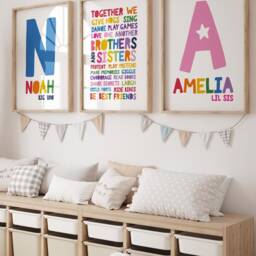 Set Of 3 Brother Sister Bedroom Prints, Playroom Decor, Sibling Rainbow Wall Art, Colourful Playroom, Personalised - thumbnail 2