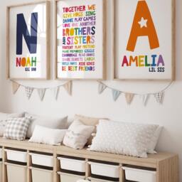 Set Of 3 Brother Sister Bedroom Prints, Playroom Decor, Sibling Rainbow Wall Art, Colourful Playroom, Personalised - thumbnail 3