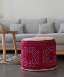 Embroidered Hmong Tribe Ottoman Pouf, Rustic Floor Cushion