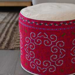 Embroidered Hmong Tribe Ottoman Pouf, Rustic Floor Cushion - thumbnail 3