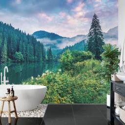 Lacu Rosu Lake Wall Mural, Misty Sunrise, Peel & Stick Wallpaper - thumbnail 3
