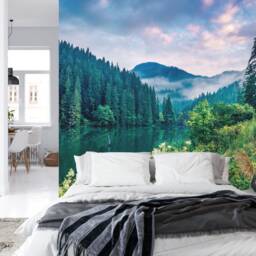 Lacu Rosu Lake Wall Mural, Misty Sunrise, Peel & Stick Wallpaper - thumbnail 2